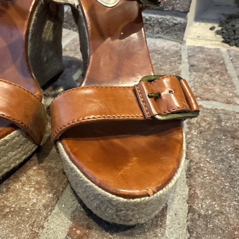 Brian Atwood Wedge Espadrille Leather Sandals‎ Size 9 40EU #286